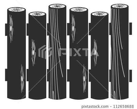 Wooden log fence. Rural border barrier black silhouette Wooden log fence. Rural border barrier black silhouette 112658688