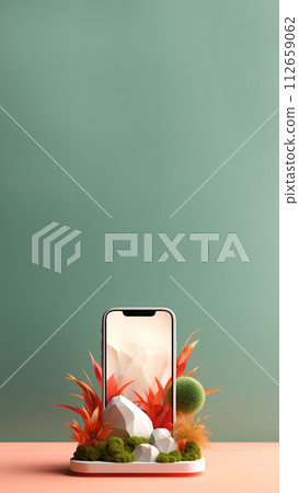 Modern phone mock up. Nature plant elements. Creative vertical pastel. Mobile device mock-up with organic elements in the background. Minimalistic phone template 112659062