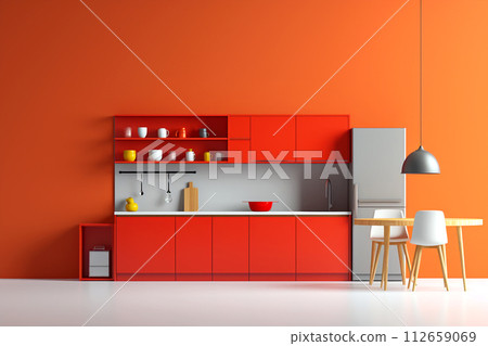 Red cartoon kitchen interior. Orange walls. Bright furniture. a cheerful and inviting kitchen space, ideal for various design concepts such as home decor, interior design, renovation ideas Red cartoon kitchen interior. Orange walls. Bright furniture. a cheerful and inviting kitchen space, ideal for various design concepts such as home decor, interior design, renovation ideas 112659069