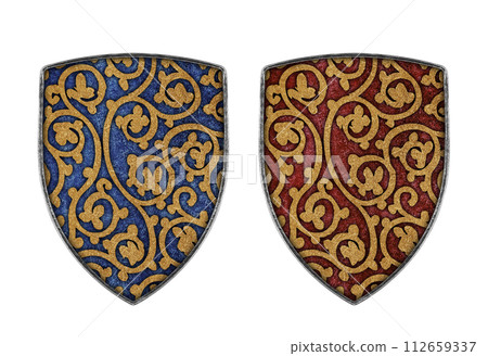 Medieval decorated shield isolated on white background 112659337