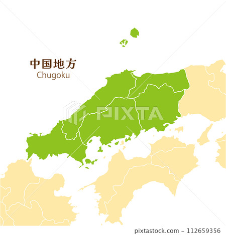 Chugoku region, each prefecture in the Chugoku region and surrounding map Chugoku region, each prefecture in the Chugoku region and surrounding map 112659356