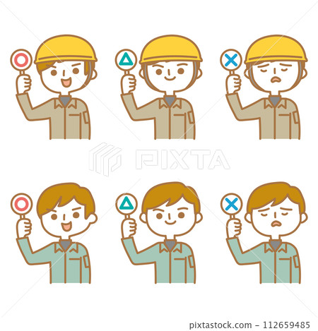 Variation set of workers raising circle, triangle, and cross tags 112659485