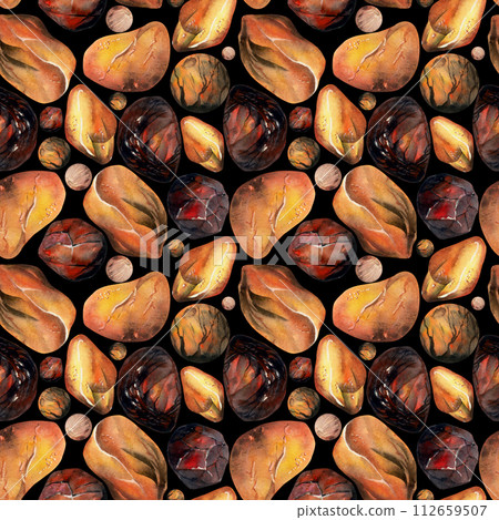 Hand drawn watercolor illustration precious semiprecious jewel gem crystal chakra birth stone. Amber garnet sunstone. Seamless pattern isolated white background. Design print, shop, jewelry, fashion 112659507