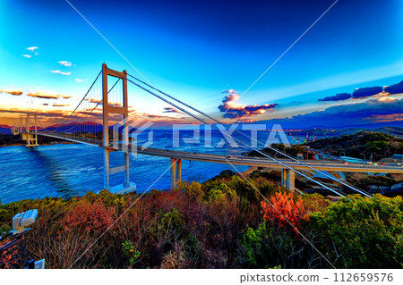 Kurushima Kaikyo Daiichi Bridge Evening View 2 112659576