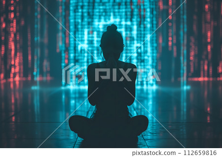 AI-generated content. Human praying to AI god with glowing blue symbols in the background 112659816