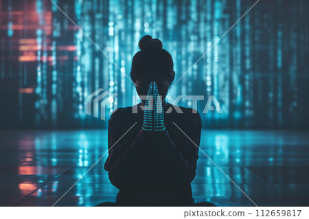 AI-generated content. Human praying to AI god with glowing blue symbols in the background 112659817