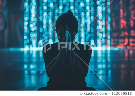 AI-generated content. Human praying to AI god with glowing blue symbols in the background 112659818