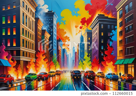 Oil Painting of City on Fire Impressionist Pop Art Style 112660015