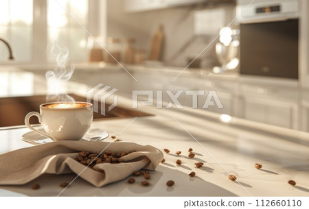 A steaming cup of coffee sits on a sunlit kitchen counter, with scattered beans and a bowl in the background, evoking a cozy morning vibe 112660110