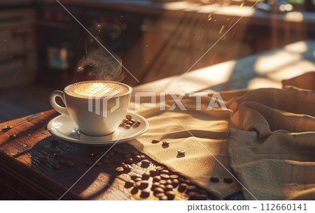 A steaming cup of coffee with latte art on a saucer decorated with coffee beans, on a rustic wooden table in a cozy kitchen setting A steaming cup of coffee with latte art on a saucer decorated with coffee beans, on a rustic wooden table in a cozy kitchen setting 112660141