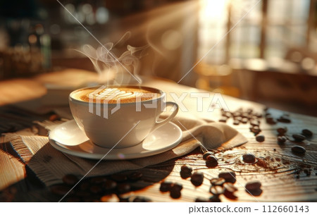 A steaming cup of coffee with latte art on a saucer decorated with coffee beans, on a rustic wooden table in a cozy kitchen setting A steaming cup of coffee with latte art on a saucer decorated with coffee beans, on a rustic wooden table in a cozy kitchen setting 112660143