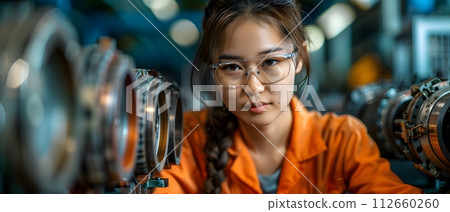Illustration of a young woman wearing a uniform and safety glasses. Working with machines can use to make campaign posters protect safety, background presenting about the equality of women's rights. Illustration of a young woman wearing a uniform and safety glasses. Working with machines can use to make campaign posters protect safety, background presenting about the equality of women's rights. 112660260