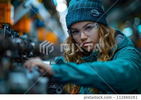 Illustration of a young woman wearing a uniform and safety glasses. Working with machines can use to make campaign posters protect safety, background presenting about the equality of women's rights. 112660261