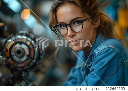 Illustration of a young woman wearing a uniform and safety glasses. Working with machines can use to make campaign posters protect safety, background presenting about the equality of women's rights. 112660263