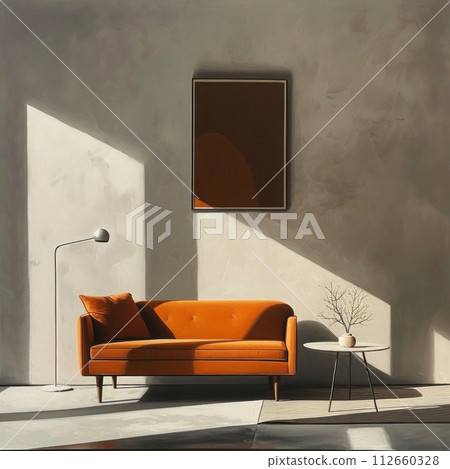 Chic minimalist interior with a vibrant orange sofa Chic minimalist interior with a vibrant orange sofa 112660328