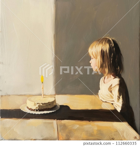 A touching moment captured in art as a young child gazes at a lit birthday candle 112660335