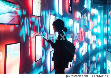 Delve into a digital world with this captivating image of a person among a vibrant array of screens 112660341