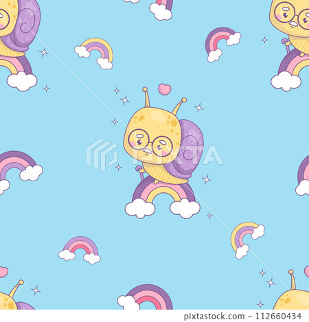 Seamless pattern with snail character elderly grandfather. Funny kawaii insect old man with glasses on rainbow on blue background. Nostalgic Vector illustration in trendy retro style. Seamless pattern with snail character elderly grandfather. Funny kawaii insect old man with glasses on rainbow on blue background. Nostalgic Vector illustration in trendy retro style. 112660434