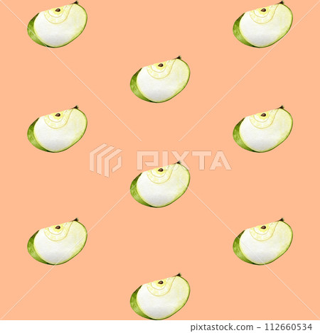 Apples hand drawn seamless pattern watercolor illustration. Peach fuzz color. 112660534