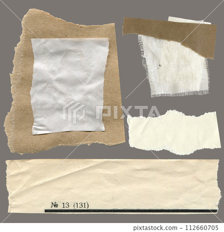 Torn paper pieces set of six pieces. Beige shapes with jagged uneven edges. Ripped different paper fragments collection. Textured grunge element bundle for collage, text box, banner, sticker, poster. Torn paper pieces set of six pieces. Beige shapes with jagged uneven edges. Ripped different paper fragments collection. Textured grunge element bundle for collage, text box, banner, sticker, poster. 112660705