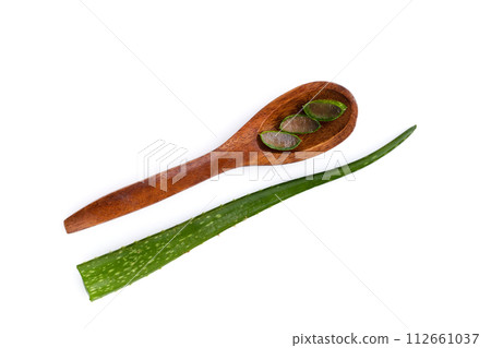 Aloe vera is a popular medicinal plant for health and beauty, on a white background. 112661037