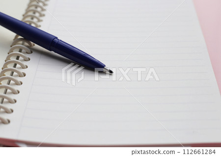 Notebook with pen on pink background. Work planning Notebook with pen on pink background. Work planning 112661284