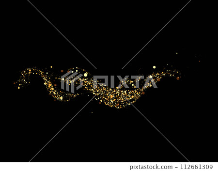 Shiny wave on a black background. Scattered gold particles. Festive background or design element. 112661309