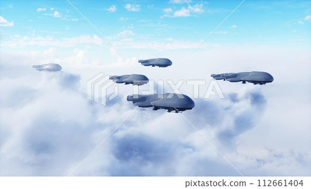 military futuristic ship fly in the clouds. Invasion. 3d rendering. 112661404