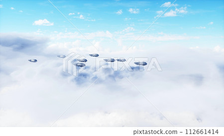 military futuristic ship fly in the clouds. Invasion. 3d rendering. military futuristic ship fly in the clouds. Invasion. 3d rendering. 112661414