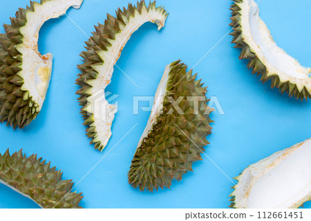 Durian shell on blue background. 112661451