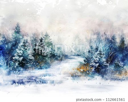 夢幻般的冬季森林景觀插畫AI圖像 112661561