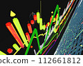 Price movement chart with indicators and volumes. The trader analyzes the price movement on a huge trading chart. A businessman-investor observes an increase in the price of an asset 112661812
