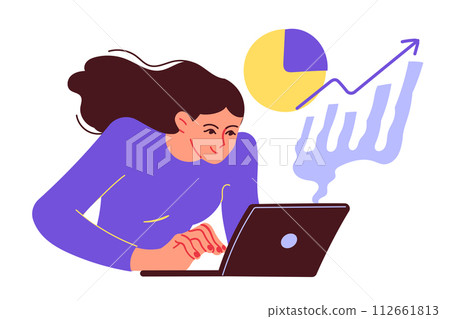 Very busy businesswoman works quickly with a laptop computer Very busy businesswoman works quickly with a laptop computer 112661813