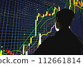 Price movement chart with indicators and volumes. The trader analyzes the price movement on a huge trading chart. A businessman-investor observes an increase in the price of an asset 112661814