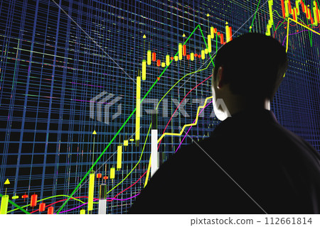 Price movement chart with indicators and volumes. The trader analyzes the price movement on a huge trading chart. A businessman-investor observes an increase in the price of an asset Price movement chart with indicators and volumes. The trader analyzes the price movement on a huge trading chart. A businessman-investor observes an increase in the price of an asset 112661814