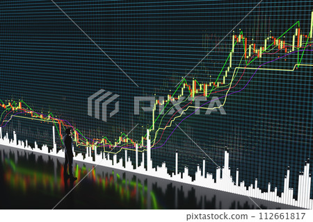 Price movement chart with indicators and volumes. The trader analyzes the price movement on a huge trading chart. A businessman-investor observes an increase in the price of an asset Price movement chart with indicators and volumes. The trader analyzes the price movement on a huge trading chart. A businessman-investor observes an increase in the price of an asset 112661817