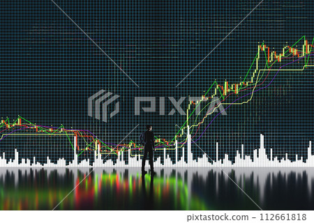 Price movement chart with indicators and volumes. The trader analyzes the price movement on a huge trading chart. A businessman-investor observes an increase in the price of an asset Price movement chart with indicators and volumes. The trader analyzes the price movement on a huge trading chart. A businessman-investor observes an increase in the price of an asset 112661818