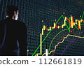 Price movement chart with indicators and volumes. The trader analyzes the price movement on a huge trading chart. A businessman-investor observes an increase in the price of an asset 112661819