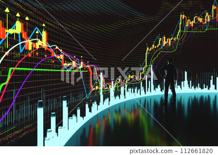 Price movement chart with indicators and volumes. The trader analyzes the price movement on a huge trading chart. A businessman-investor observes an increase in the price of an asset 112661820