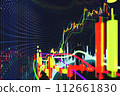 Price movement chart with indicators and volumes. The trader analyzes the price movement on a huge trading chart. A businessman-investor observes an increase in the price of an asset 112661830