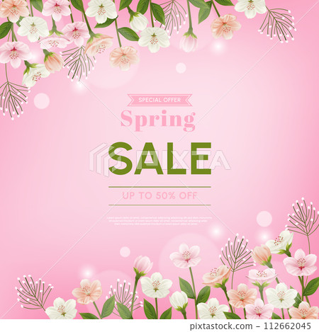 Spring sale banner with sakura flower and leaves. vector illustration. Korean translation "spring sale" Spring sale banner with sakura flower and leaves. vector illustration. Korean translation "spring sale" 112662045