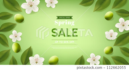 Spring sale banner with sakura flower and leaves. vector illustration. Korean translation "spring sale" Spring sale banner with sakura flower and leaves. vector illustration. Korean translation "spring sale" 112662055