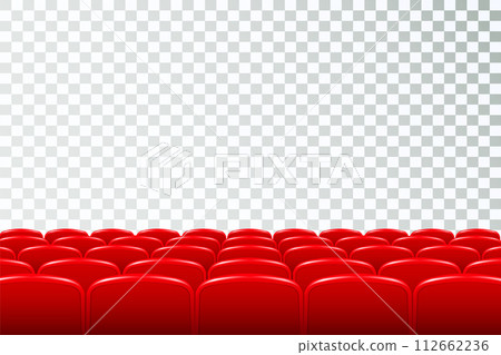 Rows of red cinema or theater seats in front of transparent background. Vector. 112662236