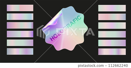 Holographic, silver foil texture background set. Gold hologram metallic gradient collection. Vector graphic iridescent 112662240