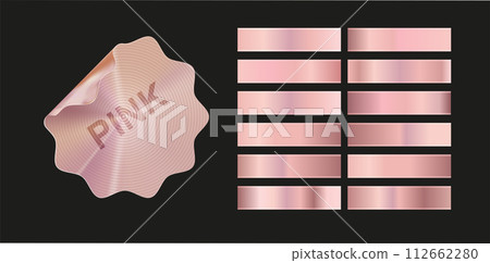 Gold rose, silver, holographic, bronze and golden foil texture gradation set. Vector shiny hologram and metallic gradient collection Gold rose, silver, holographic, bronze and golden foil texture gradation set. Vector shiny hologram and metallic gradient collection 112662280