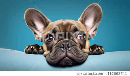 AI-generated content. French Bulldog on a bed with sad face, close-up, meme concept 112662741