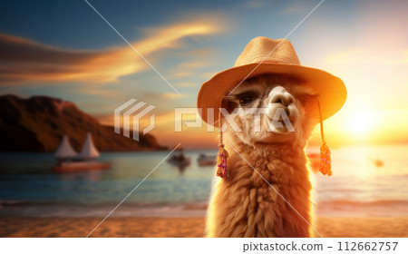 AI-generated content. Alpaca wearing a hat on the beach and background of seascape and sail boats 112662757