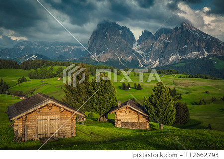 Log huts on the green meadow in the Dolomites, Italy 112662793