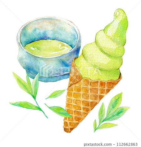 水彩插圖抹茶軟冰淇淋 水彩插圖抹茶軟冰淇淋 112662863
