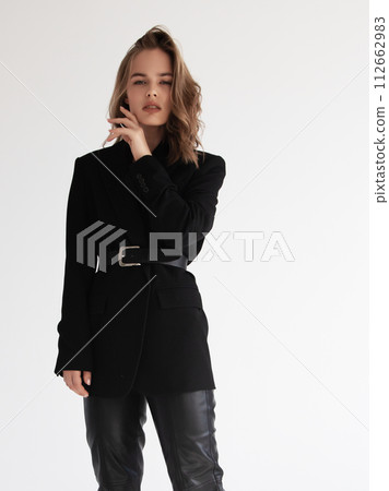 Beauty model woman in Leather pants . Model test 112662983